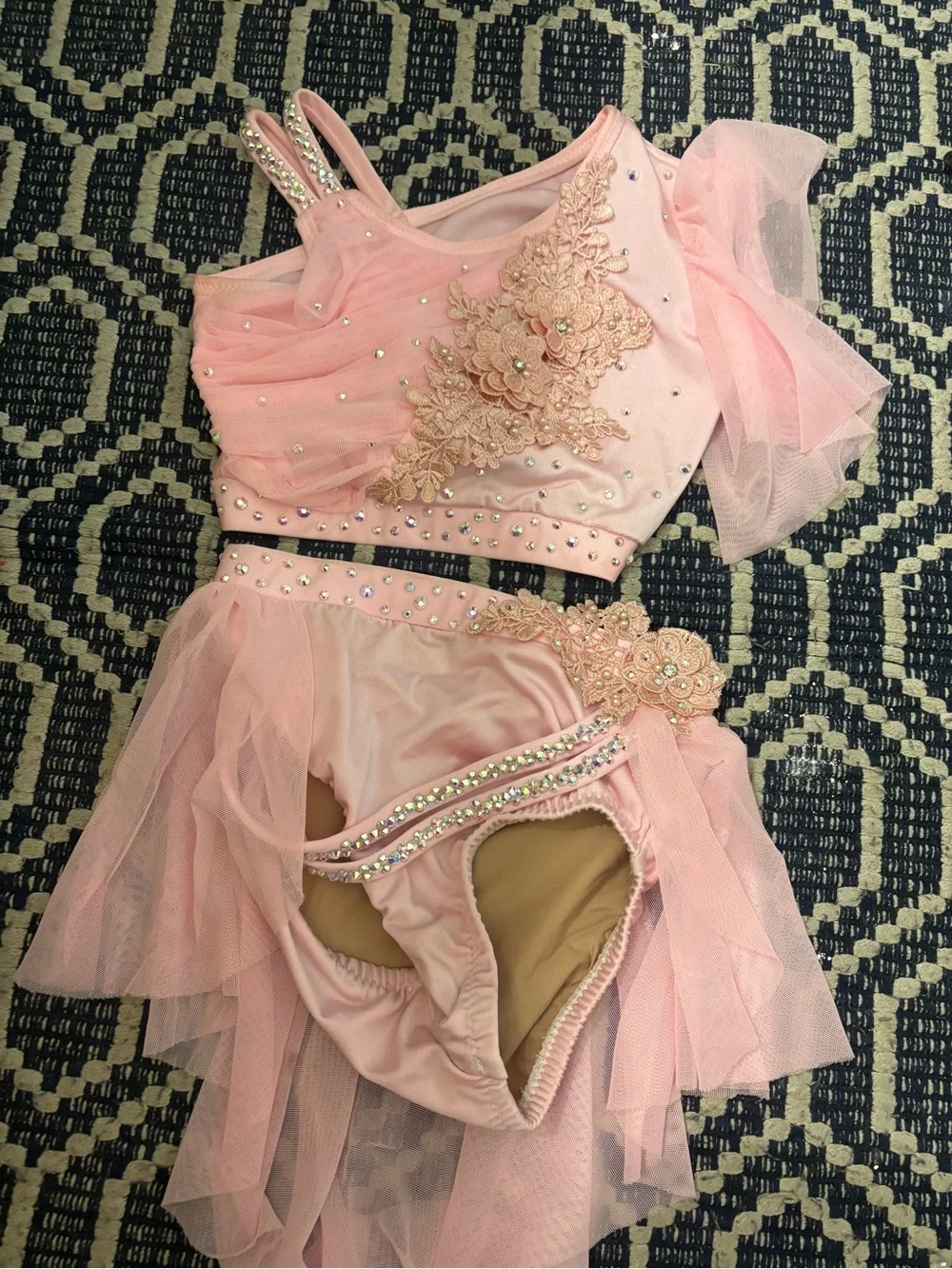 Girls Pink Dance Costume Set with Rhinestone & Floral Applique